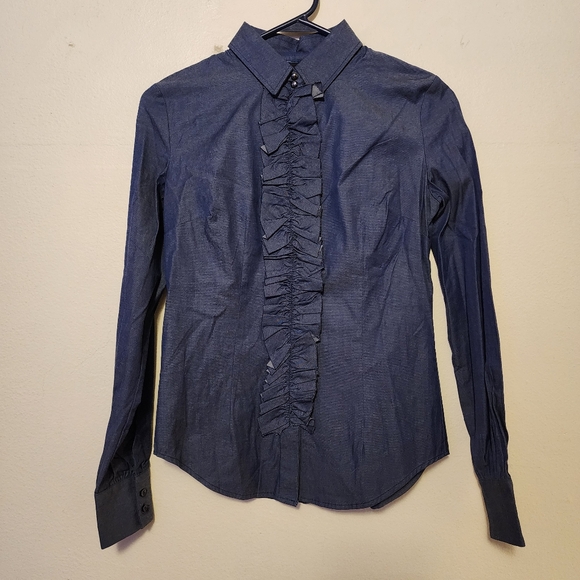 NEW YORK & CO Blue Button Down Blouse Short Three Quarter Long Sleeve Size XS - Picture 10 of 17